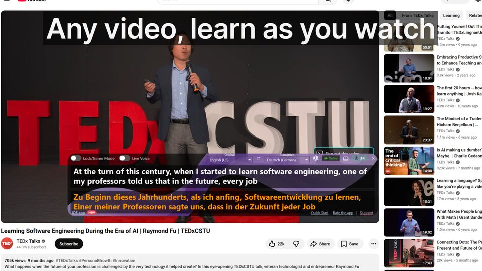 Dual subtitles on a YouTube video for language learning
