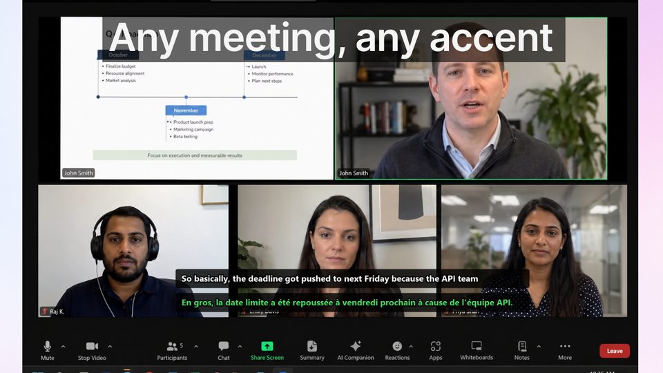 Live dual captions on a video meeting in any accent