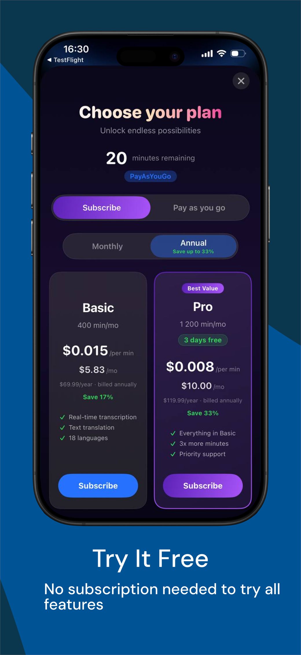 Choose your plan: subscribe or pay as you go